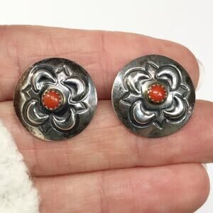 VTG 925 Sterling Silver Coral Concho Stud Earrings Round Repousse Southwestern